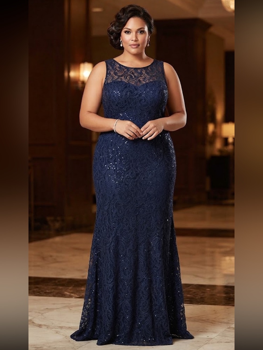 Ignite Evenings Formal Lace Scattered Sequins Sparkly Blue Floor Length Dress 18